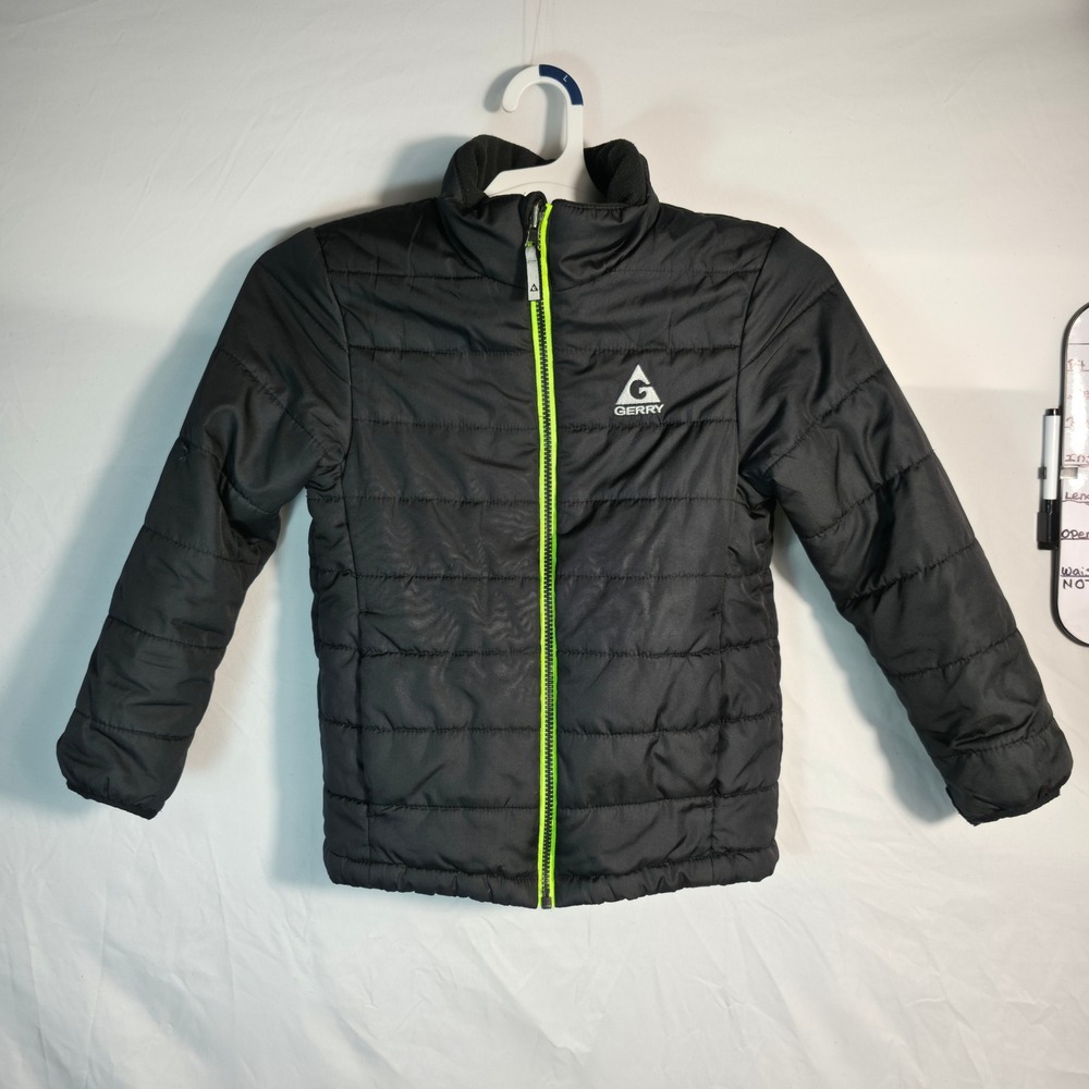 Gerry Puffer Jacket Kids Size S 7/8 Black Excellent Quilted Neon Zip W598